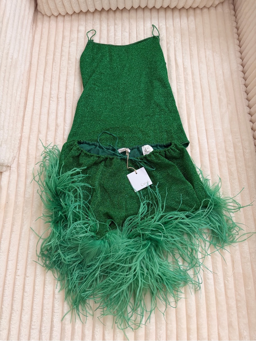 Oseree Green Lumière Feather trimmed Metallic Shorts and matching bikini Set S